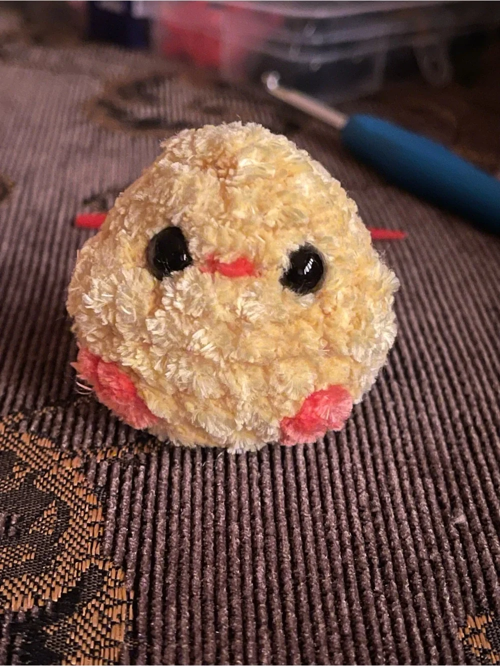 Handmade Crochet Plush Chick Keychain - Yellow with Coral Accents
